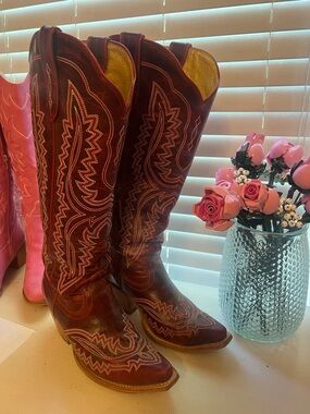 Ariat Burgundy Over-the-Knee Western Boots with Yellow Lining
